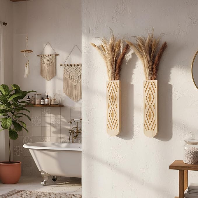 2 Pack Wooden Wall Planter Wooden Vase Set with Dried Reed Flowers Boho Wall Decor Indoor Farmhouse Decor for Entryways Hallways Bathrooms Living Rooms and Dining Rooms(Natural Wood Color)