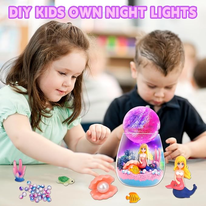 SCWGTPJ Mermaid Gifts for Girls- Mermaid Terrarium Crafts Kit, DIY Toys Kit for Kids Girls,Arts and Craft, DIY Moon Lamp LED Night Light Christmas Birthday Gift for Girls