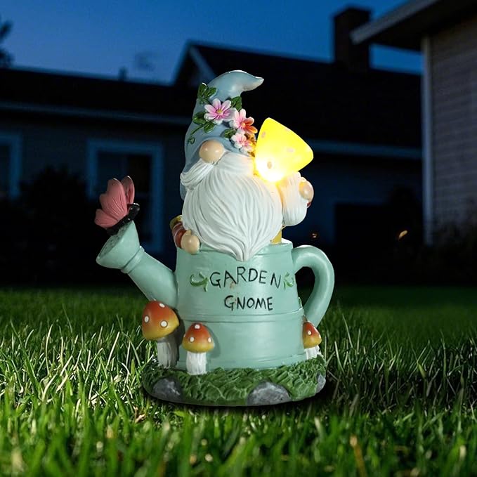 Garden Gnome Statue, Solar Powered Gnome Outdoor Decorations with Watering Can Shape - Resin Gnome Figurine with Mushroom Solar Lights for Porch Patio Lawn Yard Art Decor, Gift for Mom