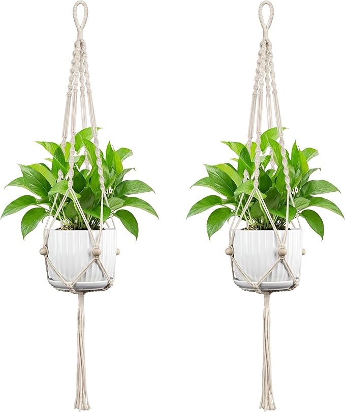 IDEEEPAN Macrame Plant Hanger - Fits 4 to 12 inches Pots for Indoor Outdoor, 44 Inch, 2 Pack, Ivory (POTS NOT Included)