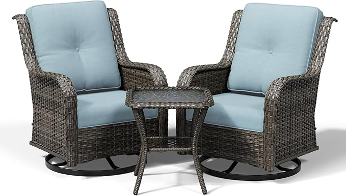 Joyside 3 Piece Wicker Patio Furniture Set, Outdoor Swivel Rocker Patio Chairs with High Back, Deep Seating, Wide Armrest, Thickened Cushions, Outdoor Furniture for Deck, Porch Use
