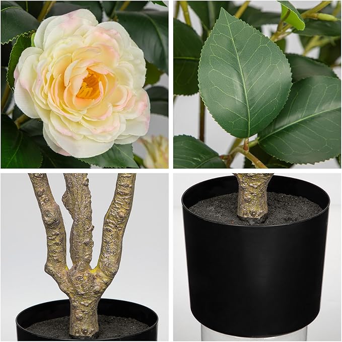 3ft Artificial Camellia Tree Fake Camellia Plant with Yellow Flowers Faux Floral Plant Blooming Tree in Black Pot for Indoor Outdoor Office Home Front Door Porch Decor (1 Pack - Yellow)