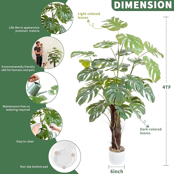 ilitphke 48 Inches Artificial Monstera Deliciosa Plant 4ft Fake Swiss Cheese Potted Faux Tropical Floor Plants, Potted Faux Tree for Home Office Living Room Decor