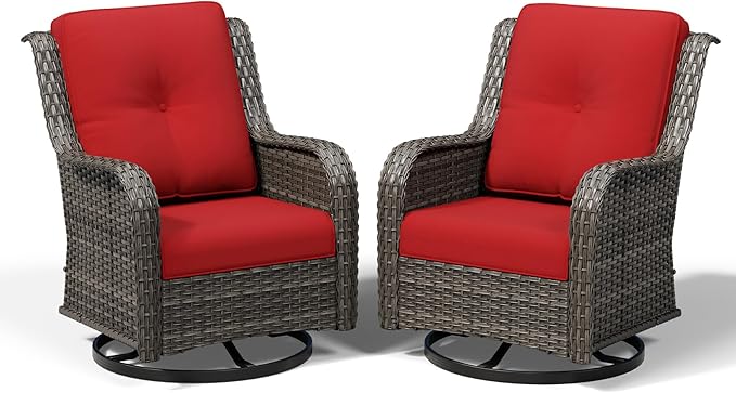 Joyside Swivel Patio Chairs Set of 2, Wicker Patio Furniture with High Back, Deep Seating, Wide Armrest, Thickened Cushions, Outdoor Rattan Furniture for Deck, Porch Use