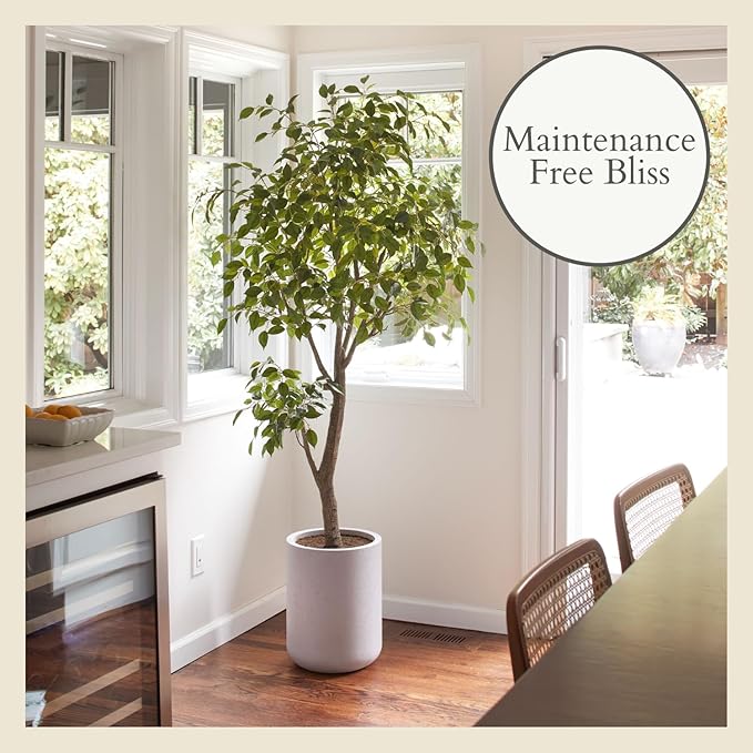 CG Hunter Faux Ficus Tree, Premium Artificial Indoor Plant Stands 6.5’ Tall, Lifelike-Leaves and Hand Painted Trunk Create Realistic Faux-Ficus Tree Appearance, Taupe Planter Pot Included