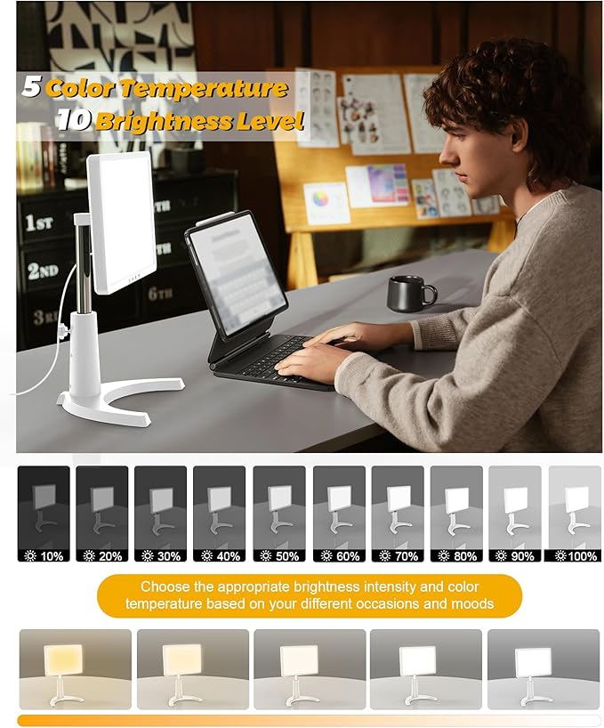 MirthSip 10000 Full Spectrum, UV-Free Light LED Sunlight Lamp with 3 in 1 Mount, Timer & Adjustable Brightness, Portable, Daylight for Office Reading Morning Routine