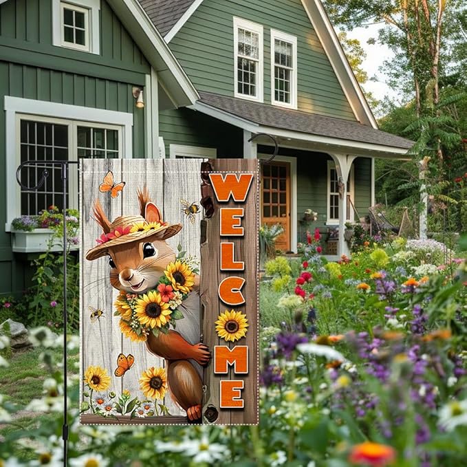 Welcome Spring Summer Garden Flag 12x18 inch Vertical Double-Side Small Burlap sunflower Squirrel Garden Flags Yard Porch Outdoor Patio Lawn Decor Flags Decorations
