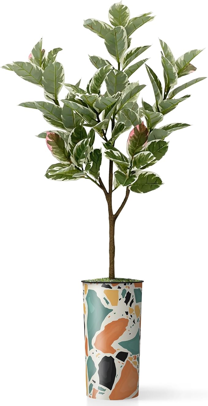 Artificial Tree in Modern Geometric Pattern Planter, Fake Rubber Silk TRE for Indoor and Outdoor Home Decoration - 70" Overall Tall (Plant Pot Plus Tree)