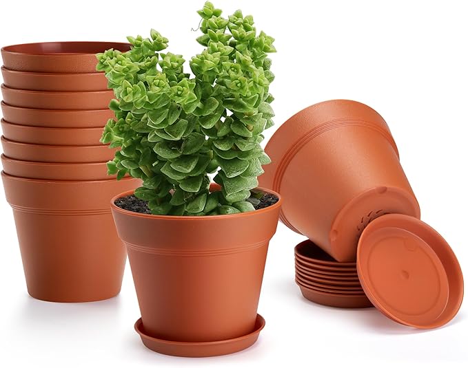 FHWTY 10 Pack Plastic Plant Pots with Drainage Holes and Tray, 5 inch Thickened Indoor Planters Seedlings Nursery Pots for Flowers, African Violet, Succulent and All House Plants, Terracotta