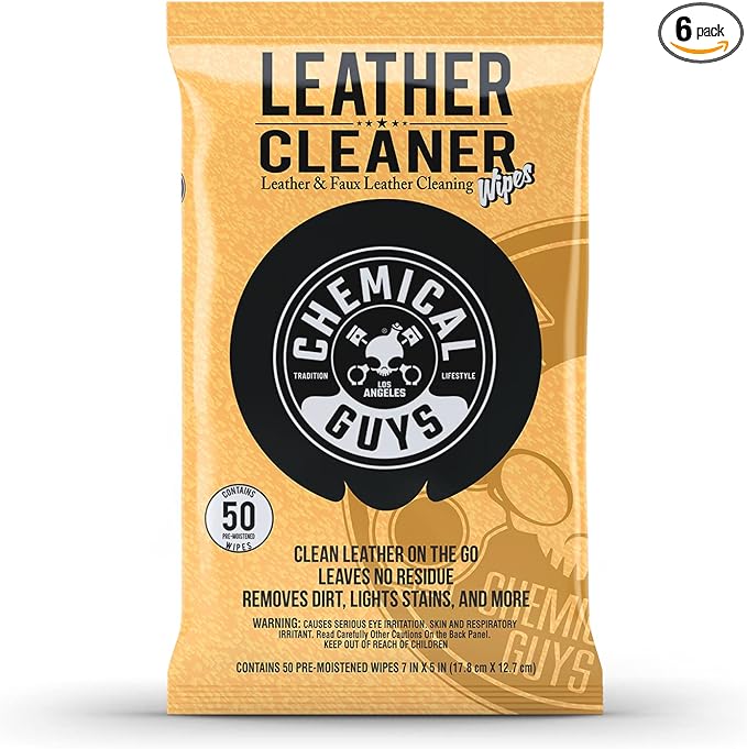 Chemical Guys Leather Cleaner Wipes Mega - Interior Leather Wipes for Cars,Natural,Synthetic,Faux & Pleather Surfaces,Safe for Cars,Trucks,Furniture,Boots & More,Convenient,50 Count (Pack of 6)
