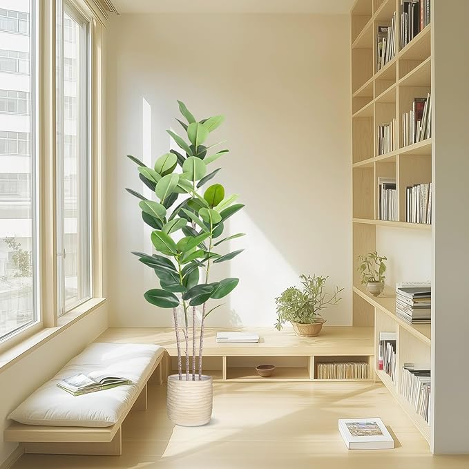 Artificial Rubber Tree 6FT Tall Faux Ficus Tree with Potted Fake Tropical Plant Decorative House Plants Large Floor Plants Artificial Trees for Home