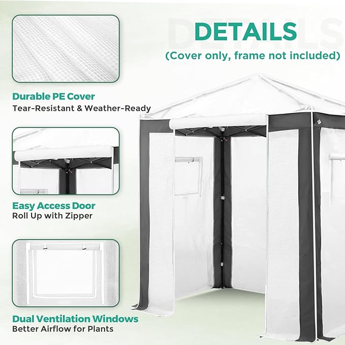 EAGLE PEAK Replacement Cover for 6x4 Portable Pop up Greenhouse with Polyester Reinforced Corners, Front Roll-Up Zipper Entry Door and 2 Roll-Up Side Windows (Frame Not Included), Gray/White