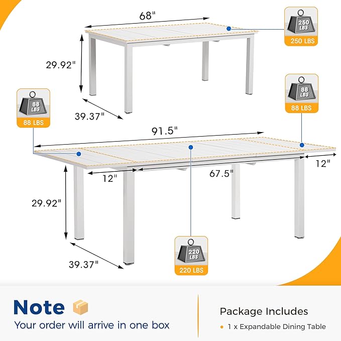 Wisteria Lane Aluminum Outdoor Dining Table, 68"-91.5" Adjustable Length Oversized Dining Table for 6-10 People, All-Weather Extendable Patio Dining Table with Adjustable Feet for Deck Balcony Garden