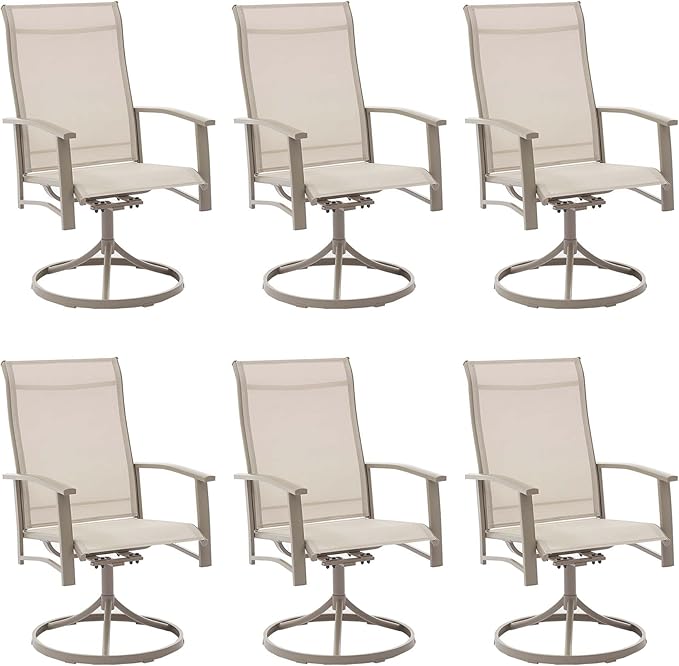 Outdoor Swivel Dining Chair Set of 6, All Weather Patio Dining Chair with Textilene High Back and Metal Frame for Backyard, Lawn Garde and Deck, Beige Ivory