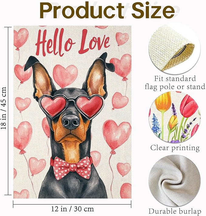 Valentine's Day Doberman Hello Love Garden Flag, House Yard Plaid Love Heart Outside Decoration, Spring Holiday Wedding Anniversary Outdoor Small Decor 12x18(12647)
