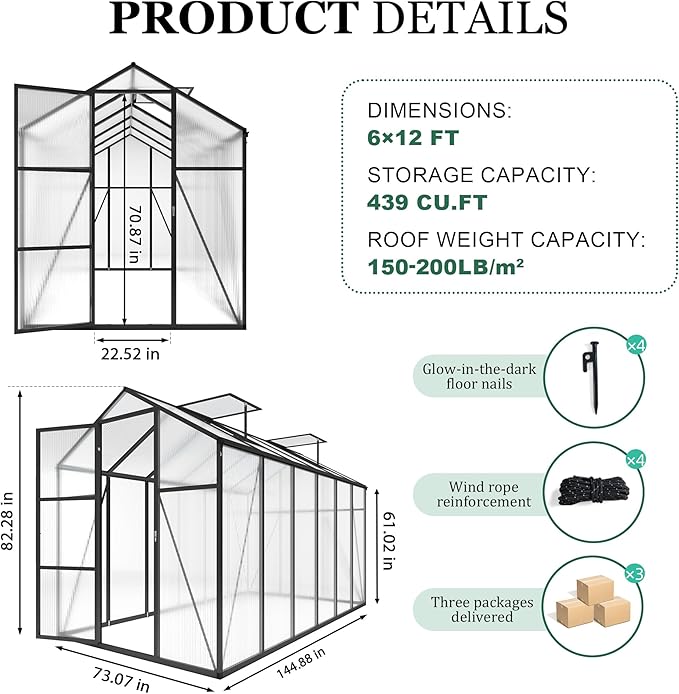 6x12x7 FT Greenhouse, Polycarbonate Greenhouse for Outdoors with Stronger Wind Protection and Roof Vent, Walk-in Large Aluminum Sunroom Winter Proof, Black