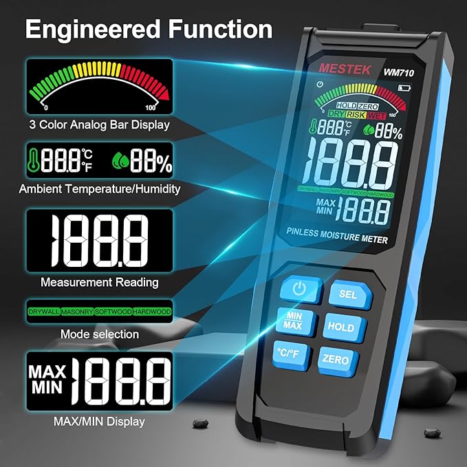 MESTEK Pinless Wood Moisture Meters for Drywall, Water Leak Detector, Wall Moisture Tester for Lumber Concrete Building, Wall Moisture Sensor Digital Humidity Tester for Firewood