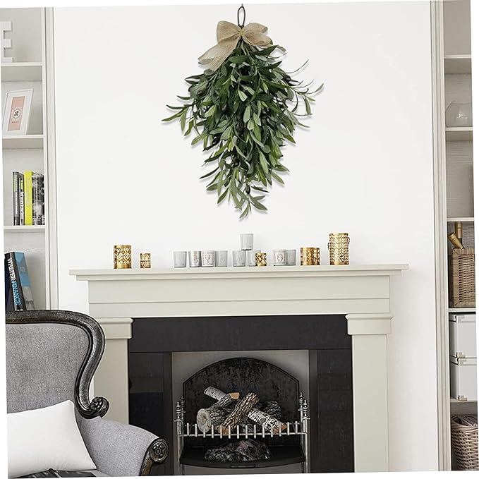 Artificial Olive Wreath with Burlap Bow, 24 Inch Teardrop Swag for Front Door Wall and Wedding Decor