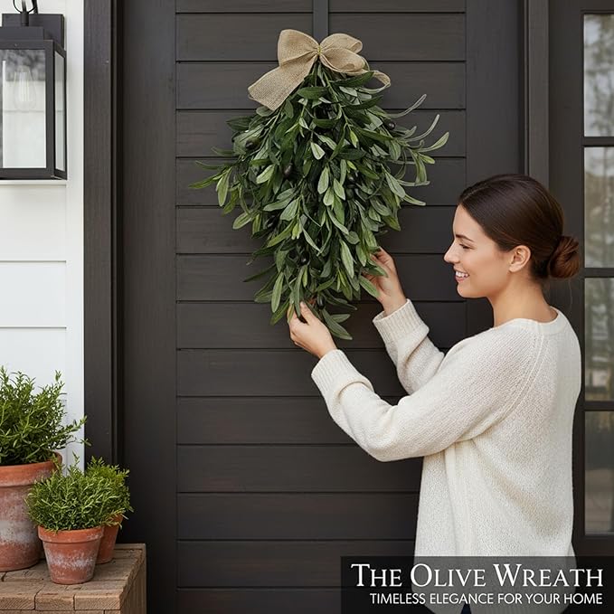 Olive Wreath 24 Inch Artificial Olive Wreaths for Front Door Hanging Teardrop Swag Greenery with Burlap Bow for Front Door Wall Wedding Arch