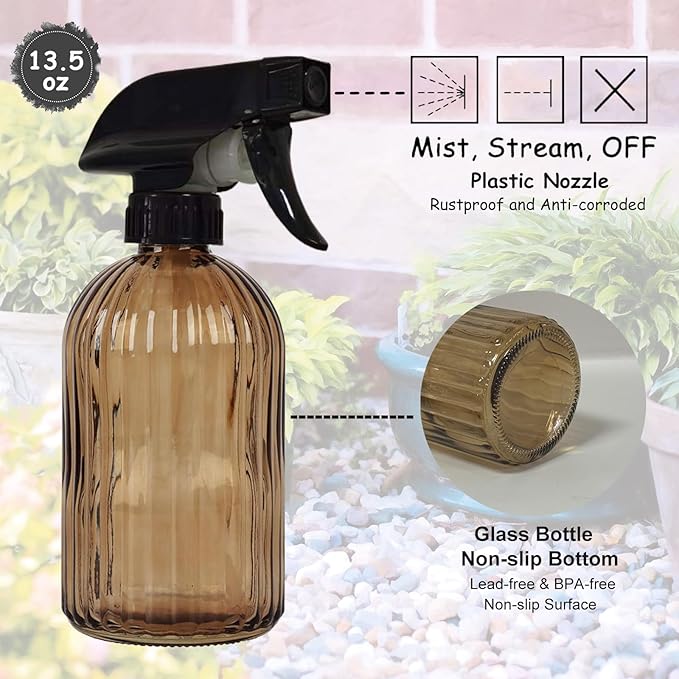 Glass Plant Mister Bottle, 13.5oz Refillable Water Spray Bottle with Adjustable Mist Nozzle for Indoor Flowers, Outdoor Gardening, Cleaning, Hair and Pets Care (Brown)