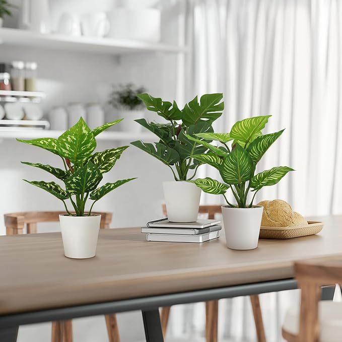 HNCSDD 11.8 Inch 3 Pcs Small Fake Plants Artificial Potted Plant Indoor Faux Tropical Plant for Home Office Table Shelf Desktop Décor