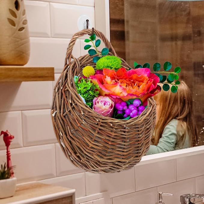 2pcs Hanging Woven Storage Basket Decorative Wall Flower Planter for Indoor Plants Rustic Rattan Design for Home Decor for Kitchen Bathroom Living Room and More