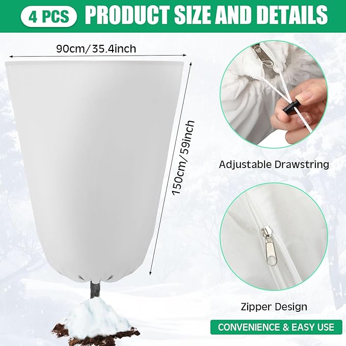 Vincreem 4 Pcs Plant Covers Freeze Protection 35.4" x 59" Winter Frost Blankets for Outdoor Plants with Zipper Drawstring Frost Cloth Freeze Covers Warm Shrub Jacket for Fruit Tree Potted(White)