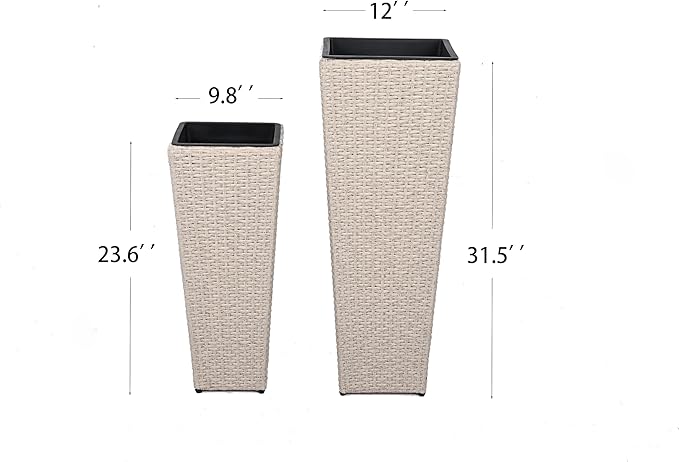 32"H Outdoor Rattan Flower Pots Set of 2,Patio Wicker All-Weather Planter Set,Rattan Plant Pots with Iron Frame for Herb Garden,or Indoor Decor,Large & Small Sizes, No Assembly Required Beige
