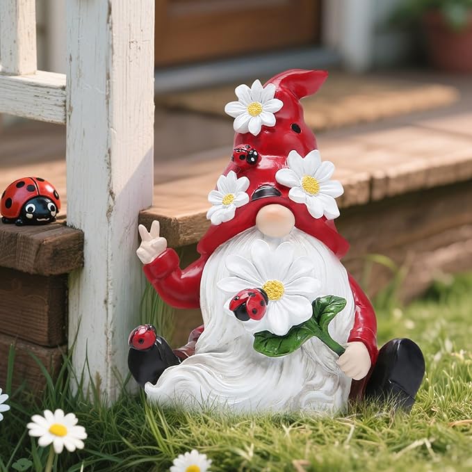 Hodao Ladybug Spring Gnomes Decorations for Home Table, Porch, Garden Yard Ladybug Elf Ornaments Decor Spring Gnome Figurines Decor for Outdoor Garden Birthday Gifts for Mom, Grandma