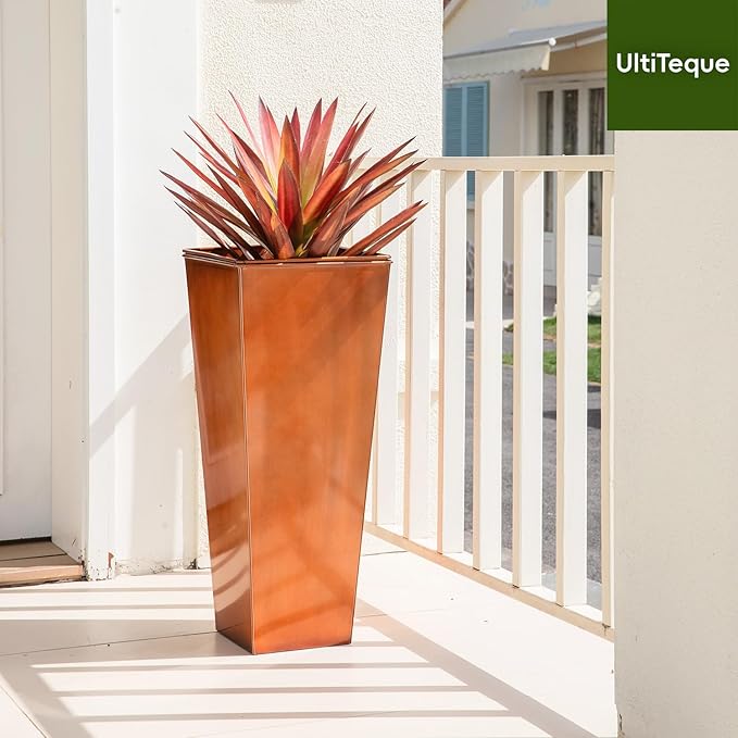 UltiTeque 28in Tall Metal Copper Square Planter Galvanized Steel Metal Planters for Indoor/Patio Deck Garden Entrance Planter