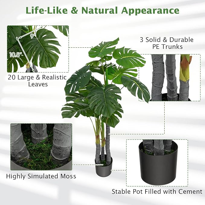 GOFLAME 4ft Artificial Monstera Deliciosa Plant, Faux Tree in Pot with 20 Large Leaves, 3 Trunks & Realistic Moss, Swiss Cheese Plant, Tropical Monstera Palm Tree for Home Office Garden Decor