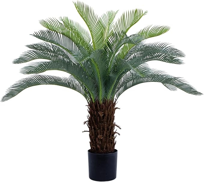 Bellacat 4ft UV Resistant Faux Sago Palm Tree with Natural & Lifelike Bark, 48in Super Full Artificial Cycad Tree with Realistic Leaves, for Home Office Patio Porch Front Door Decor.