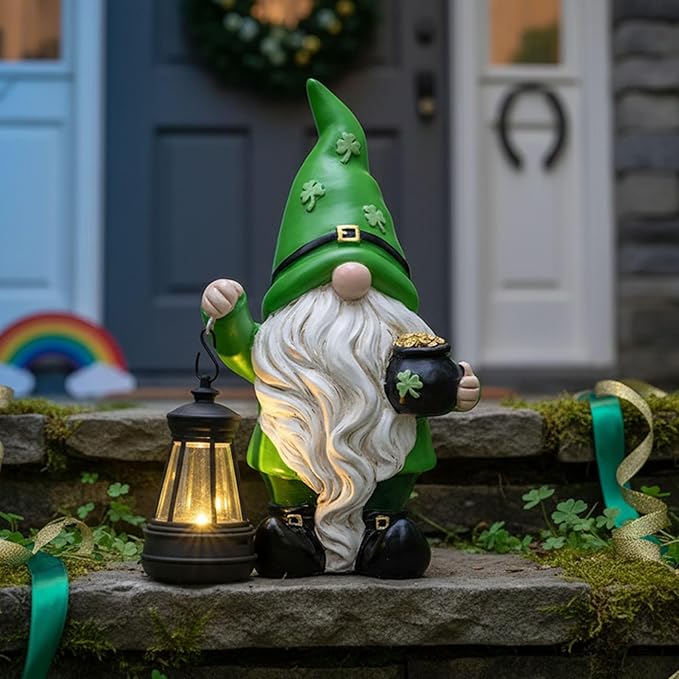 TERESA'S COLLECTIONS St Patricks Decorations for Outdoor Decor, Resin Garden Gnome Holding Lantern with Solar Lights for Porch,Shamrock Leprechaun Figurine for Outside, Irish Gifts for Home,8"