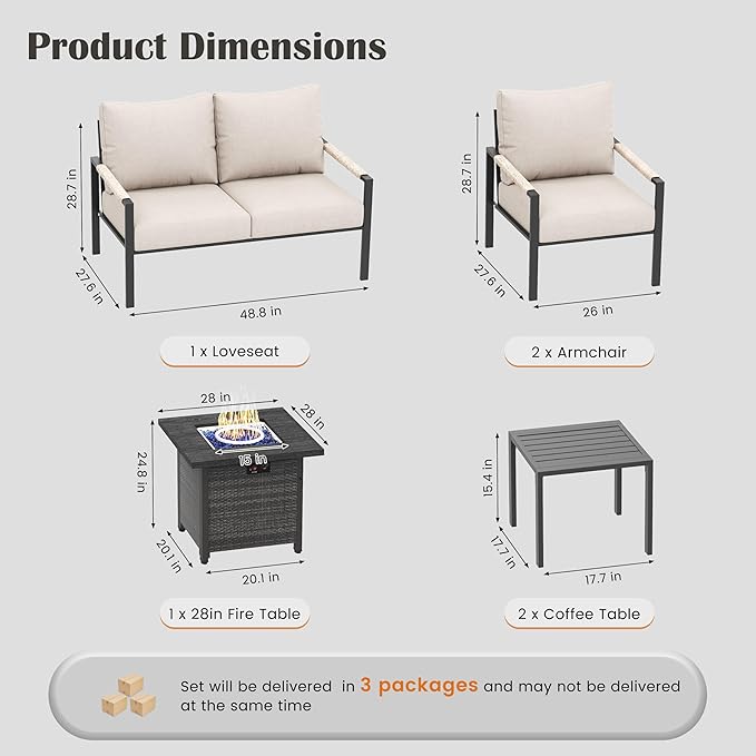 6 Pieces Rattan Outdoor Furniture Set, All-Weather Patio Conversation Set with Warm Grey Cushions, Coffee Table and 28" Fire Pit Table for Garden, Backyard, Balcony, Poolside