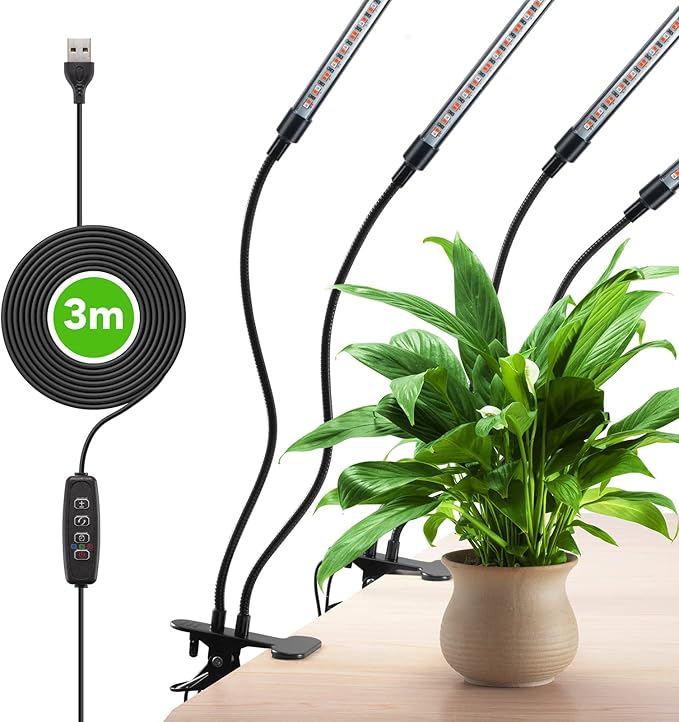 GROWSTAR Plant Lights for Indoor Growing, Red Blue Spectrum 4 Heads Clip Grow Lamps with 10 Feet Cables for Seeding Blooming and Fruiting(2 Pack)