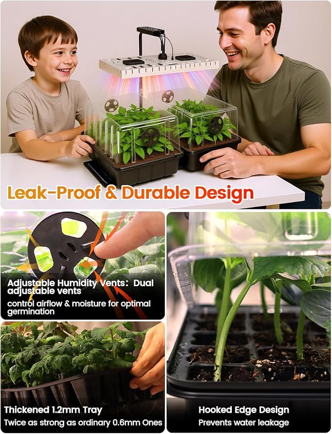 80-Cell Seed Starter Tray with 48W Full Spectrum Grow Light & 30W Heating Mat, Adjustable Dome & Light Stand, Waterproof Base, Indoor Germination Kit for Healthy Seedlings