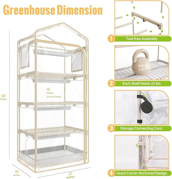 Mini Indoor Greenhouse with Grow Light,4 Tiers Plant Shelf with 1.6FT 20W Full Spectrum Grow Light with Timer for Seed Starting, Ventilation Window & Bottom Pouch, 27" L x 19" W x 63" H