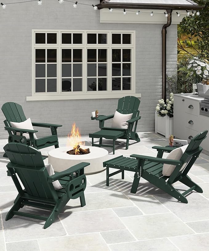 Adjustable Adirondack Chair with Retractable Ottoman Set of 8, HDPE Folding Adirondack Chair with Cup Holder, All Weather Fire Pit Chair for Outdoor.