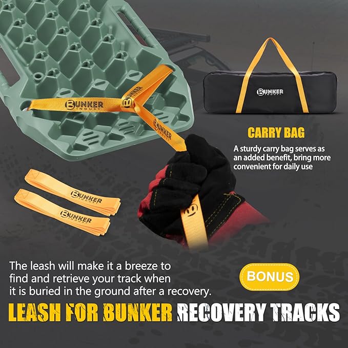BUNKER INDUST Off-Road Traction Boards with Jack Base,Pair Recovery Track 4X4 Jeep Truck Emergency Tire Traction Mat with Bag -Sand, Mud, Snow Tracks Green Traction Pad (Gen 7th)
