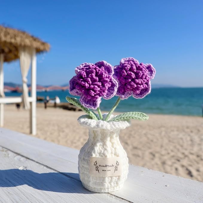 YOOJEE Crochet Paris Polyphylla Flower Pot Handmade Knitted Desk Decor Purple Potted Plant for Home Office
