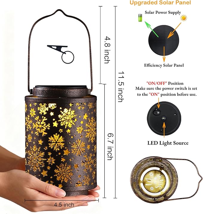 Snowflake Solar Lanterns Outdoor Waterproof, Hanging Metal Copper Lights for Garden, Patio, Porch, Yard, Romantic Valentine’s Gift for Her, Thoughtful Winter Gifts for Mom & Women