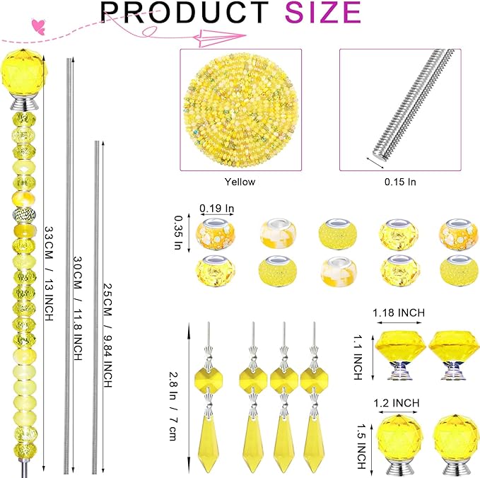 121 Pcs DIY Fairy Wand Beaded Garden Stakes Kit, Fairy Wands Garden Kit Yellow Large Hole Bead with Pendants Crystal Stopper Top Threaded Rod Beaded Garden Stakes Supplies for Outdoor Decorative