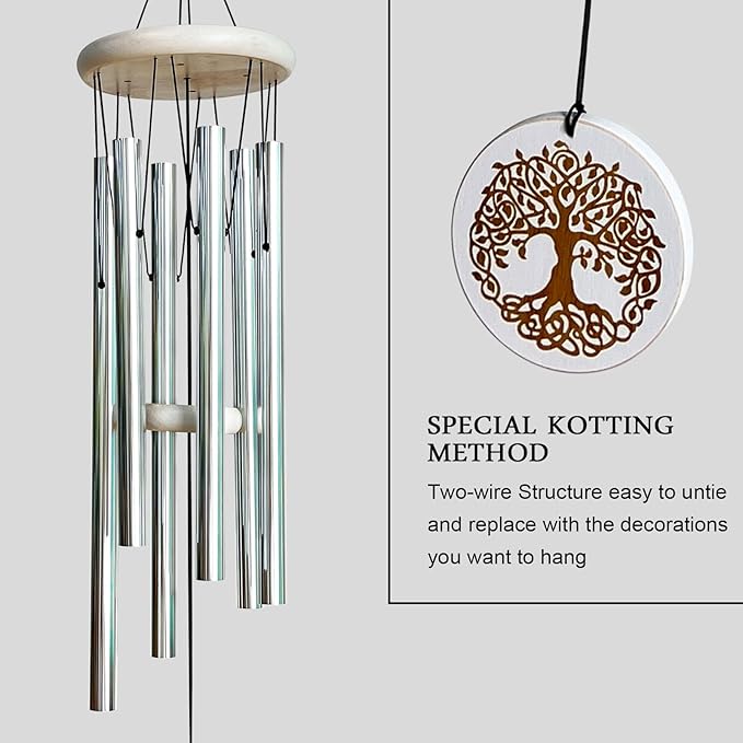 Aoedelyart Wind Chimes Outdoors,33" WindChimes for Loss of Loved One,Memorial/Sympathy Gifts for Mother/Unisex/Father,Tree of Life Wind Chimes for Outside Zen Garden Home Yard Decoration (Silver)