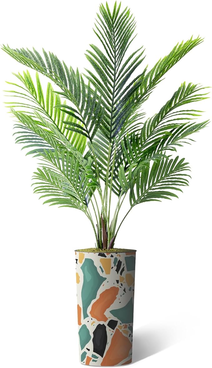 Artificial Tree in Modern Geometric Pattern Planter, Fake Areca Tropical Palm Silk Tree for Indoor and Outdoor Home Decoration - 66" Overall Tall (Plant Pot Plus Tree)