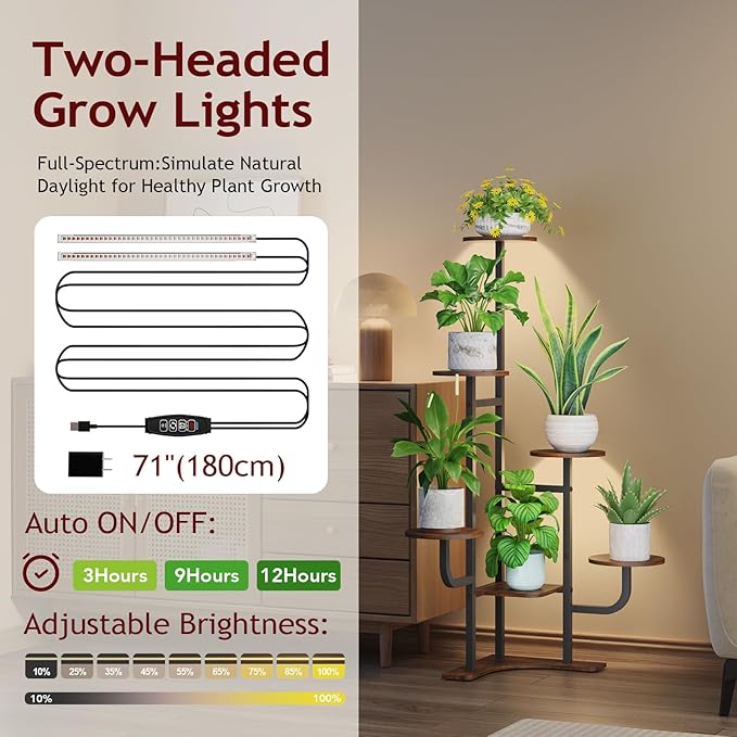 Homsorout Corner Plant Stand with Grow Light - 6 Tier Plant Stand Indoor Round Metal Plant Shelf with Adjustable Light, Plant Organizer for Living Room, Graden, Home Decor (Brown)