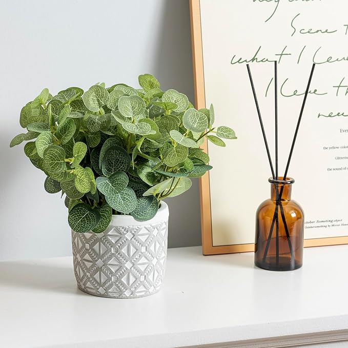 MyGift Artificial Eucalyptus Round Leaf Plant, Faux Bushy Green Leaves Potted in Gray Concrete Pot with Geometric Embossed Pattern, Indoor Home Table Decor