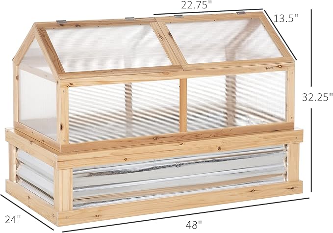 Outsunny Raised Garden Bed with Polycarbonate Greenhouse, Wooden Garden Cold Frame Greenhouse, Flower Planter Protection, 48" x 24" x 32", Natural