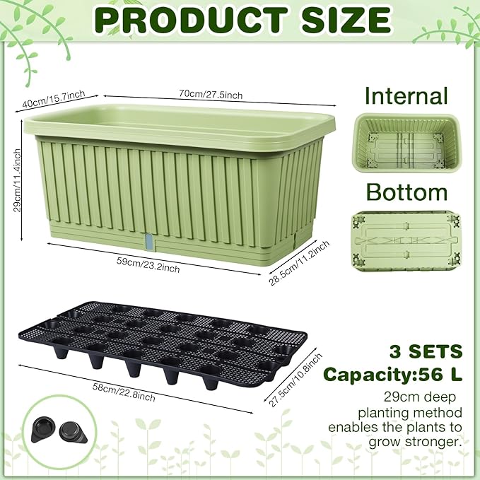 3 Pcs 28 Inches Large Planter Boxes Deep Rectangular Planter Boxes Outdoor Lightweight Plastic Planting Flower Pot with Drainage Holes Plant Pot for Patio, Courtyard, Lawn, Outdoor