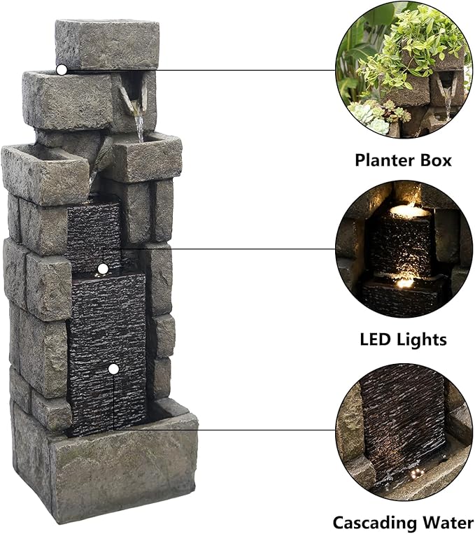 YZM 42.72" H Stacked Brick Style Outdoor Water Fountain with LED Lights Vertical Cascading Water Feature for Garden Patio Balcony and Yard Decor