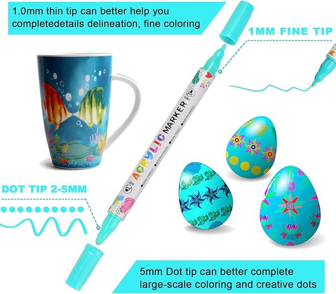 KEMYR 60 Colors Acrylic Paint Pens, Dual Tip Acrylic Paint Markers for Paper, Wood, Canvas, Stone, Rock Painting, Glass, Fabric, DIY, Ceramic, Art Supplies for Adults Drawing (Dot + Fine)